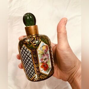 Vintage Hand-Painted Floral Glass Perfume Bottle in Green and Gold